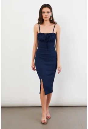 Kadın Lacivert Önü Bağlamalı Rustik Midi Elbise FRO2001