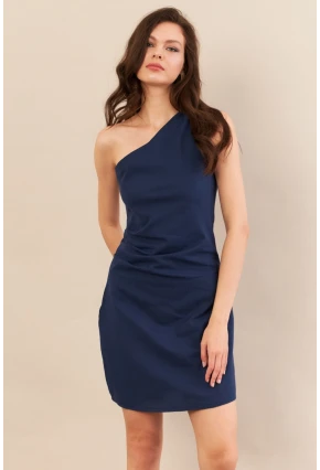 Kadın Lacivert Tek Omuz Astarlı Mini Keten Elbise AYD416