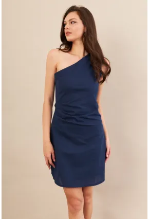 Kadın Lacivert Tek Omuz Astarlı Mini Keten Elbise AYD416