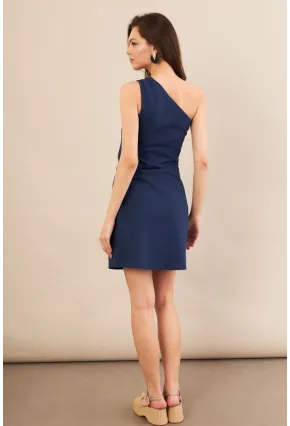 Kadın Lacivert Tek Omuz Astarlı Mini Keten Elbise AYD416