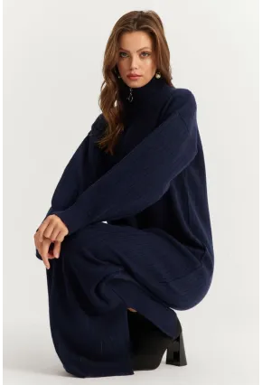 Kadın Lacivert Yakası Fermuarlı Triko Maxi Elbise MNUV10