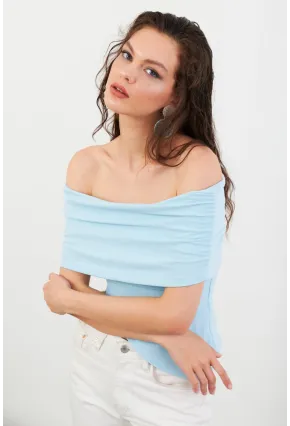 Kadın Mavi Asimetrik Madonna Yaka Bluz OPS4251