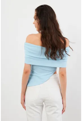 Kadın Mavi Asimetrik Madonna Yaka Bluz OPS4251