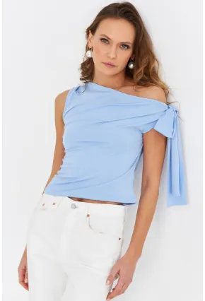 Kadın Mavi Bağlama Detaylı Bluz TF50