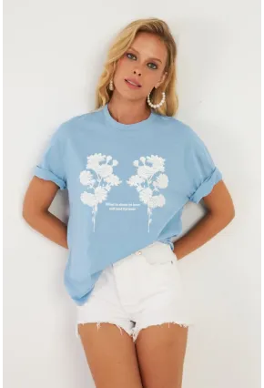 Kadın Mavi Baskılı T-Shirt AYD362