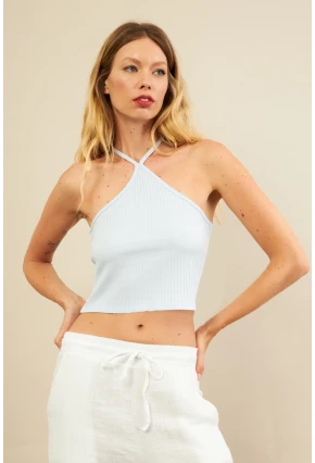 Kadın Mavi Boncuk Detaylı Sırtı Açık Bluz LPP1245-90