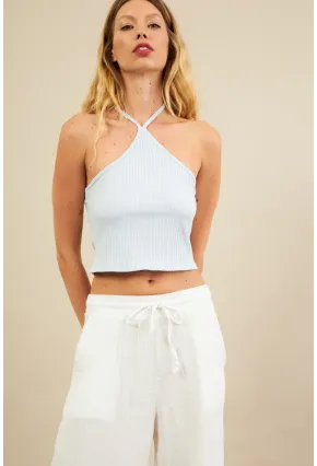 Kadın Mavi Boncuk Detaylı Sırtı Açık Bluz LPP1245-90