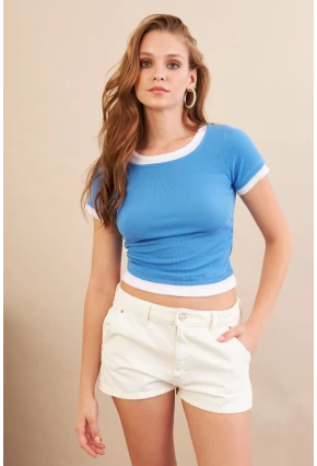 Kadın Mavi Büzgülü Beyaz Garnili Bluz MX9465