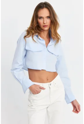 Kadın Mavi Cep Detaylı Crop Gömlek KED4205