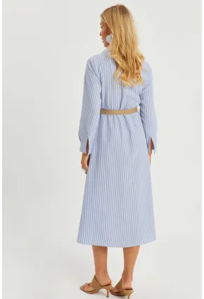 Kadın Mavi Çizgili Midi Gömlek Elbise PP5515
