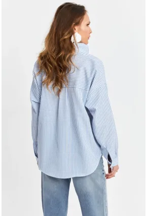 Kadın Mavi Çizgili Oversize Gömlek ZER420