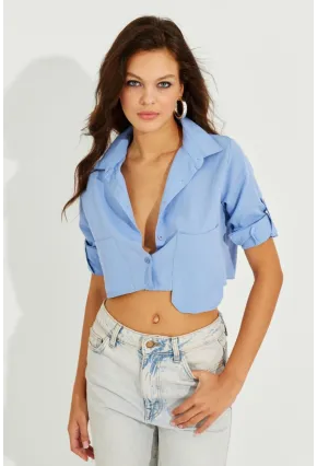 Kadın Mavi Crop Cepli Gömlek TD153