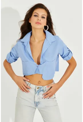 Kadın Mavi Crop Cepli Gömlek TD153