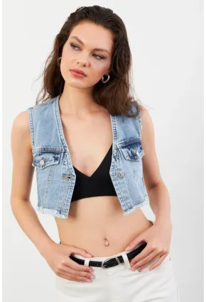 Kadın Mavi Denim Crop Yelek TUR1001