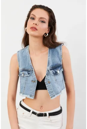 Kadın Mavi Denim Crop Yelek TUR1001