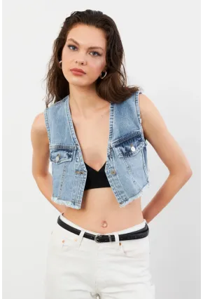 Kadın Mavi Denim Crop Yelek TUR1001
