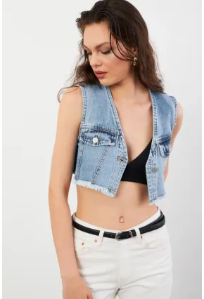 Kadın Mavi Denim Crop Yelek TUR1001