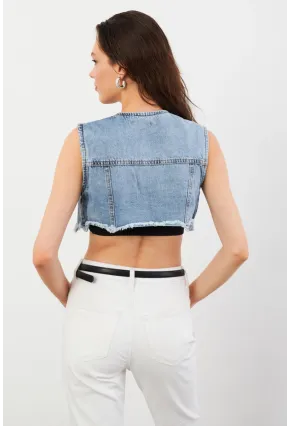 Kadın Mavi Denim Crop Yelek TUR1001
