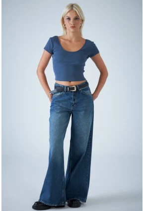 Kadın Mavi Yüksel Bel Palazzo Kesim Jean TSS827