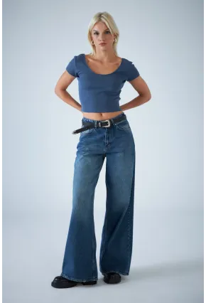 Kadın Mavi Yüksel Bel Palazzo Kesim Jean TSS827
