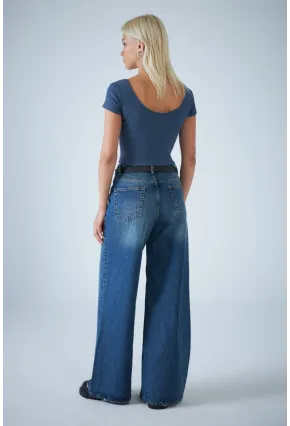 Kadın Mavi Yüksel Bel Palazzo Kesim Jean TSS827