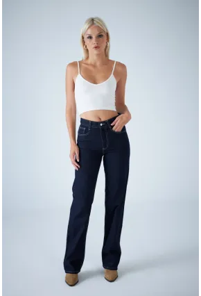 Kadın Mavi Yüksel Bel Düz Kesim Jean TSS488
