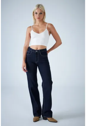Kadın Mavi Yüksel Bel Düz Kesim Jean TSS488
