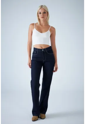 Kadın Mavi Yüksel Bel Düz Kesim Jean TSS488