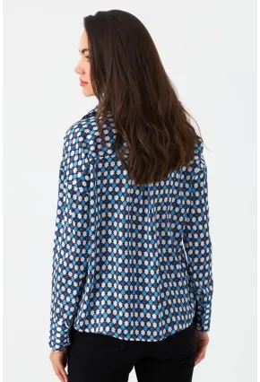 Kadın Mavi Desenli Saten Gömlek SHR9