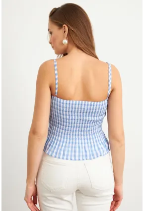 Kadın Mavi Ekose Lastikli Crop Bluz MTK13397