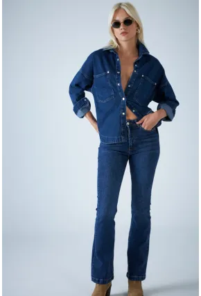 Kadın Mavi Orta Bel İspanyol Paça Jean TSS2023-1