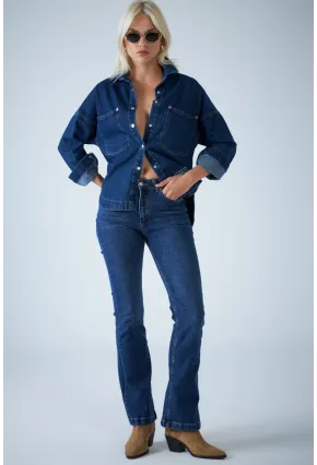 Kadın Mavi Orta Bel İspanyol Paça Jean TSS2023-1