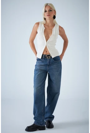 Kadın Mavi Yüksek Bel Baggy Jean TSS388