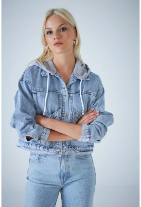 Kadın Mavi Kapüşonlu Denim Ceket TSS100