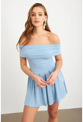 Kadın Mavi Madonna Yaka Midi Elbise MON1262-1