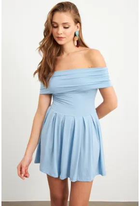 Kadın Mavi Madonna Yaka Midi Elbise MON1262-1