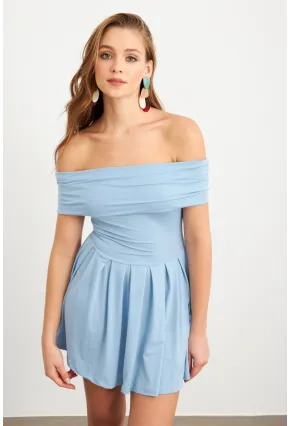 Kadın Mavi Madonna Yaka Midi Elbise MON1262-1