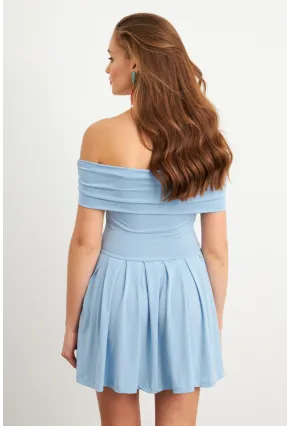 Kadın Mavi Madonna Yaka Midi Elbise MON1262-1