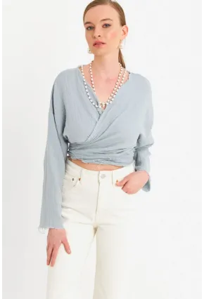 Kadın Mavi Müslin Crop Bluz PC20700