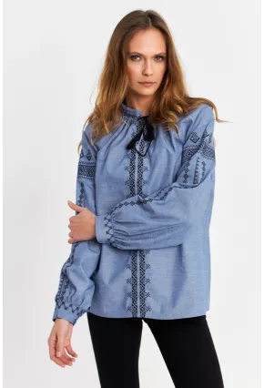 Kadın Mavi Nakışlı Bluz MQS5699