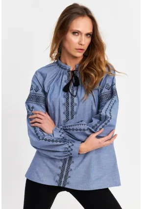 Kadın Mavi Nakışlı Bluz MQS5699