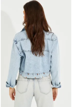 Kadın Mavi Nakışlı Denim Kısa Ceket İS802