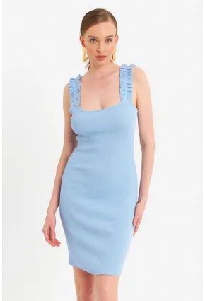 Kadın Mavi Omuz Bantlı Kaşkorse Mini Elbise URO203