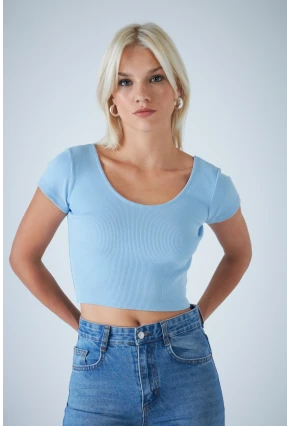 Kadın Mavi Ön Arka U Bluz EV57
