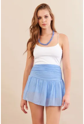 Kadın Mavi Pileli Tül Şort Etek ZH092