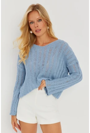 Kadın Mavi V Yaka Ajurlu Triko Bluz YV233-90