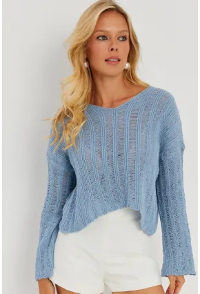 Kadın Mavi V Yaka Ajurlu Triko Bluz YV233-90