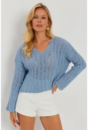 Kadın Mavi V Yaka Ajurlu Triko Bluz YV233-90