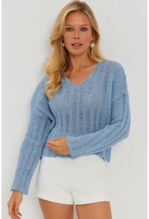 Kadın Mavi V Yaka Ajurlu Triko Bluz YV233-90