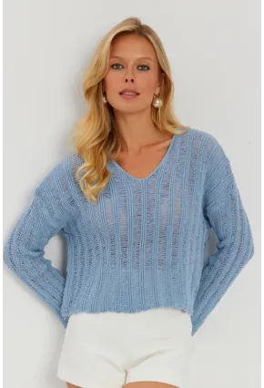 Kadın Mavi V Yaka Ajurlu Triko Bluz YV233-90